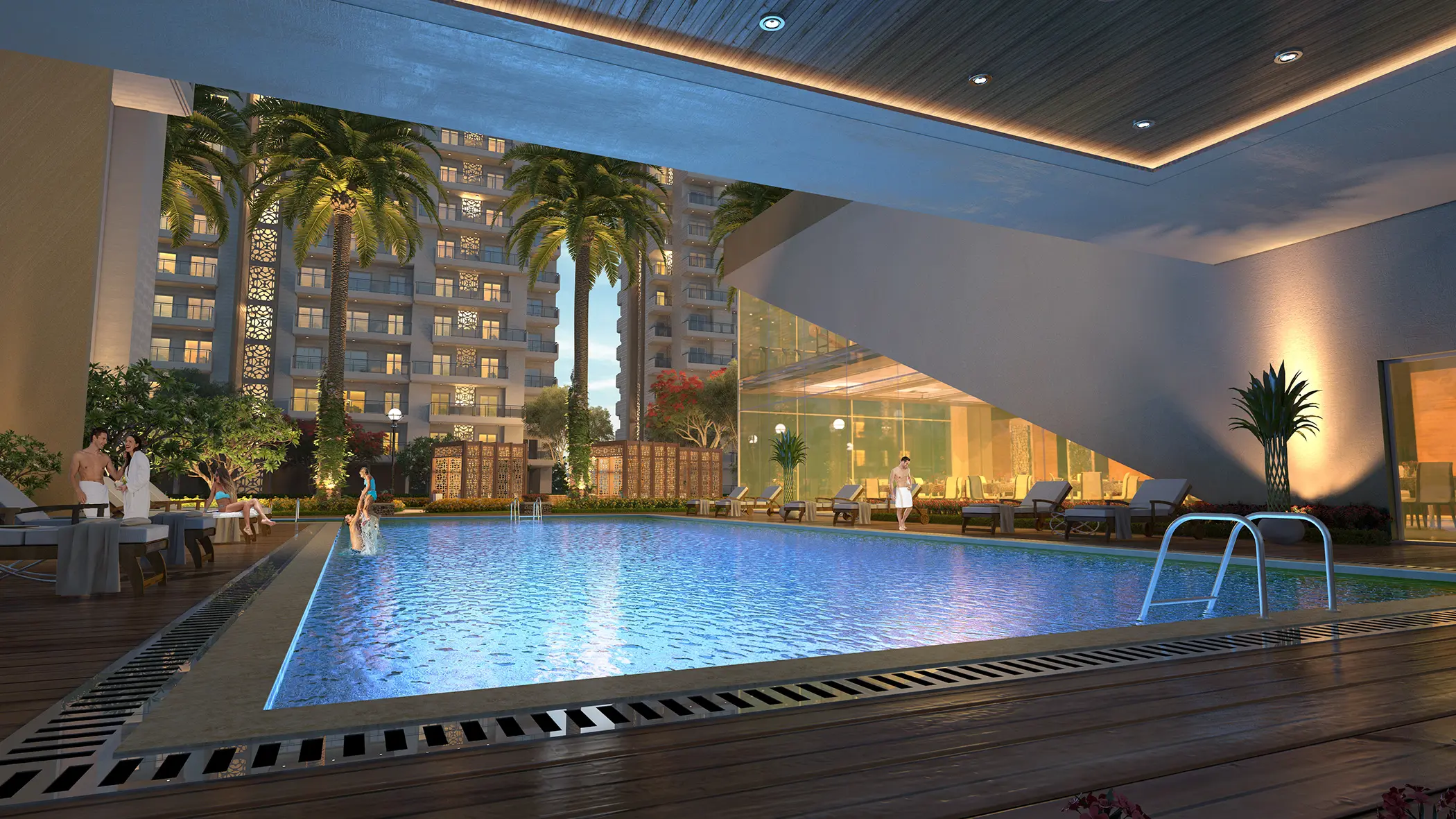 Elite Golfgreens — pool deck at night