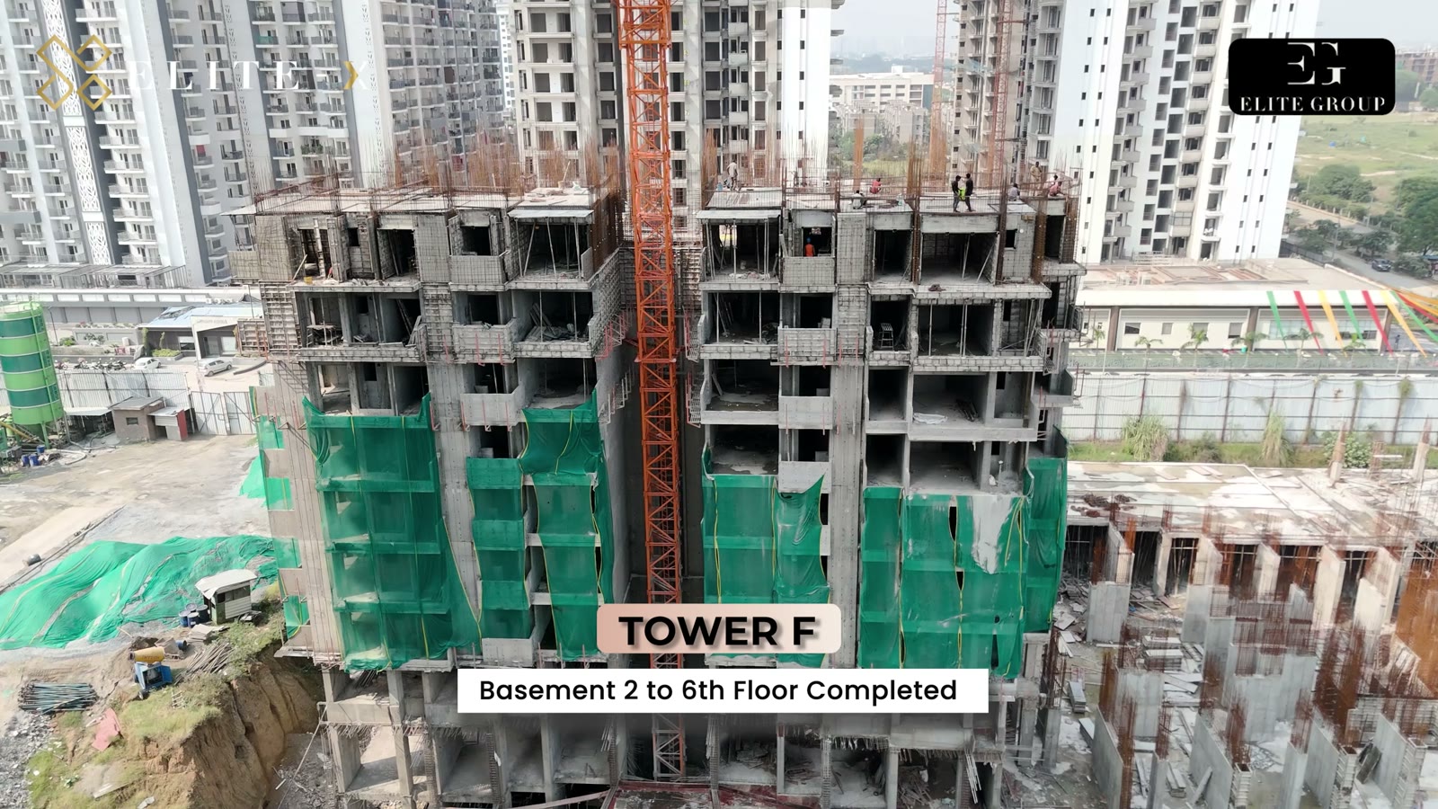 ELITE-X Tower F from the air — basement 2 to 6th floor completed, October 2026